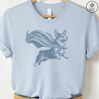 Corgi Flying Cape T-Shirt Light Blue Taco-Dog