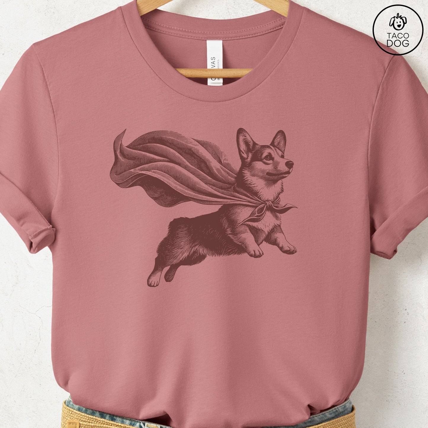Corgi Flying Cape T-Shirt Heather Mauve Taco-Dog