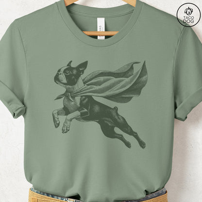 Boston Terrier Flying Cape T-Shirt Sage Taco-Dog