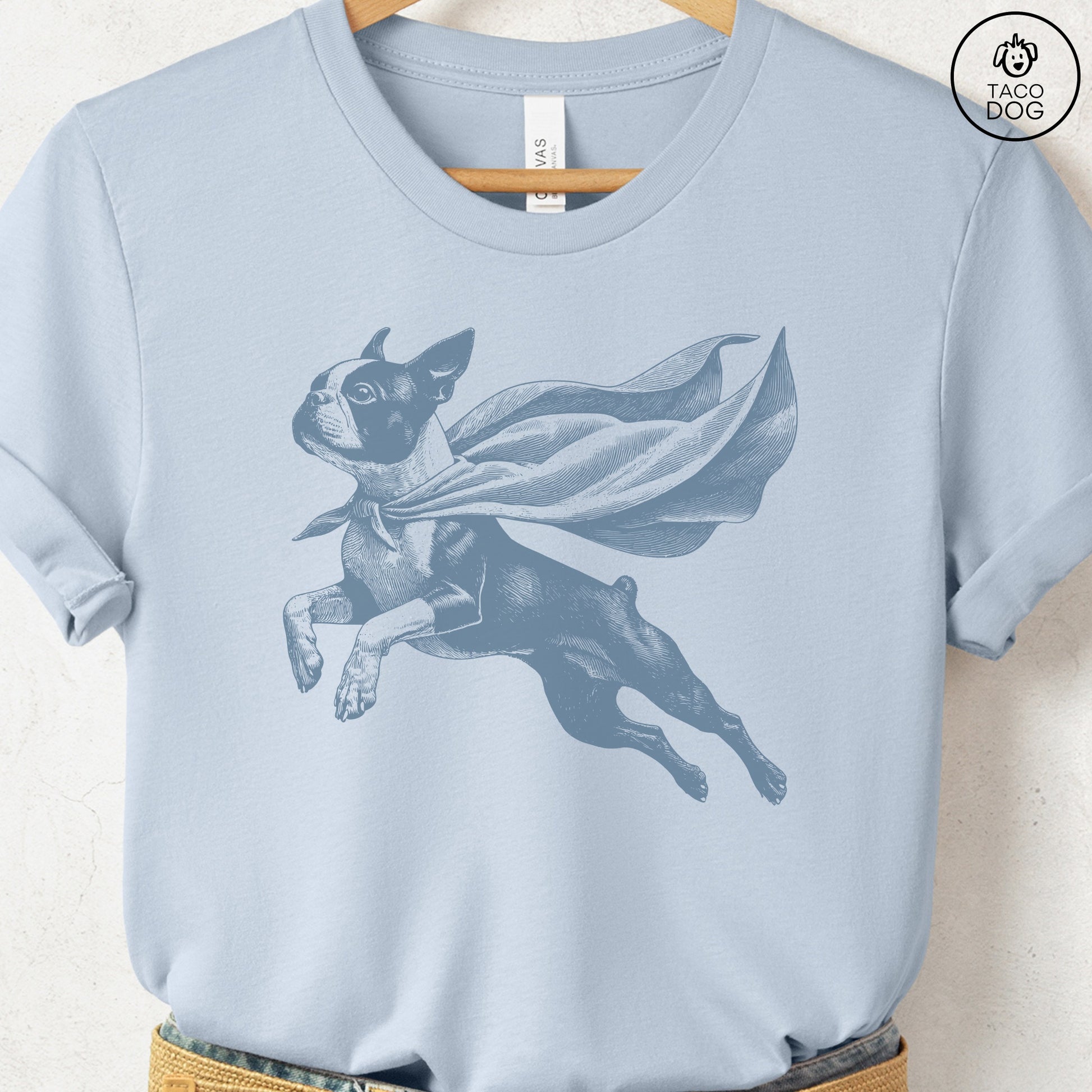 Boston Terrier Flying Cape T-Shirt Light Blue Taco-Dog