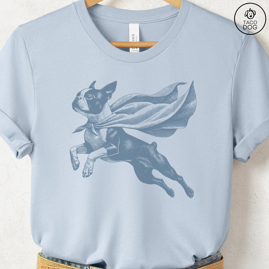 Boston Terrier Flying Cape T-Shirt Light Blue Taco-Dog