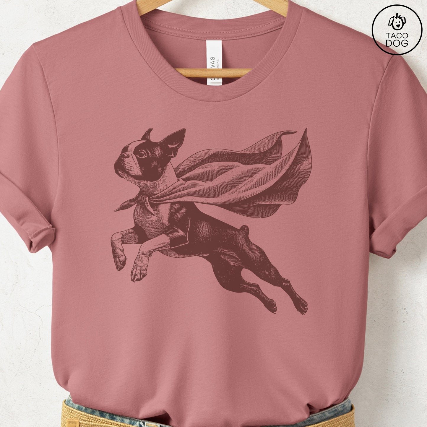Boston Terrier Flying Cape T-Shirt Heather Mauve Taco-Dog