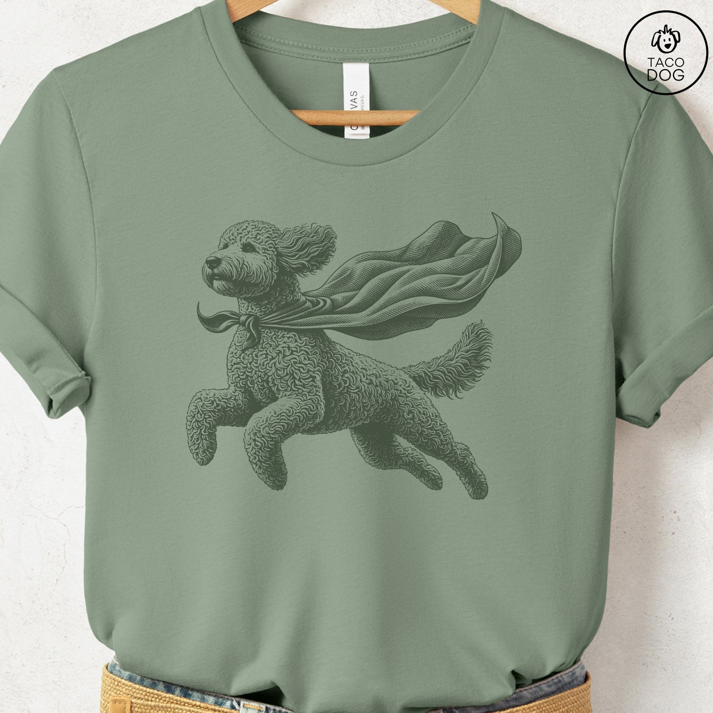 Doodle Flying Cape T-Shirt Sage Taco-Dog