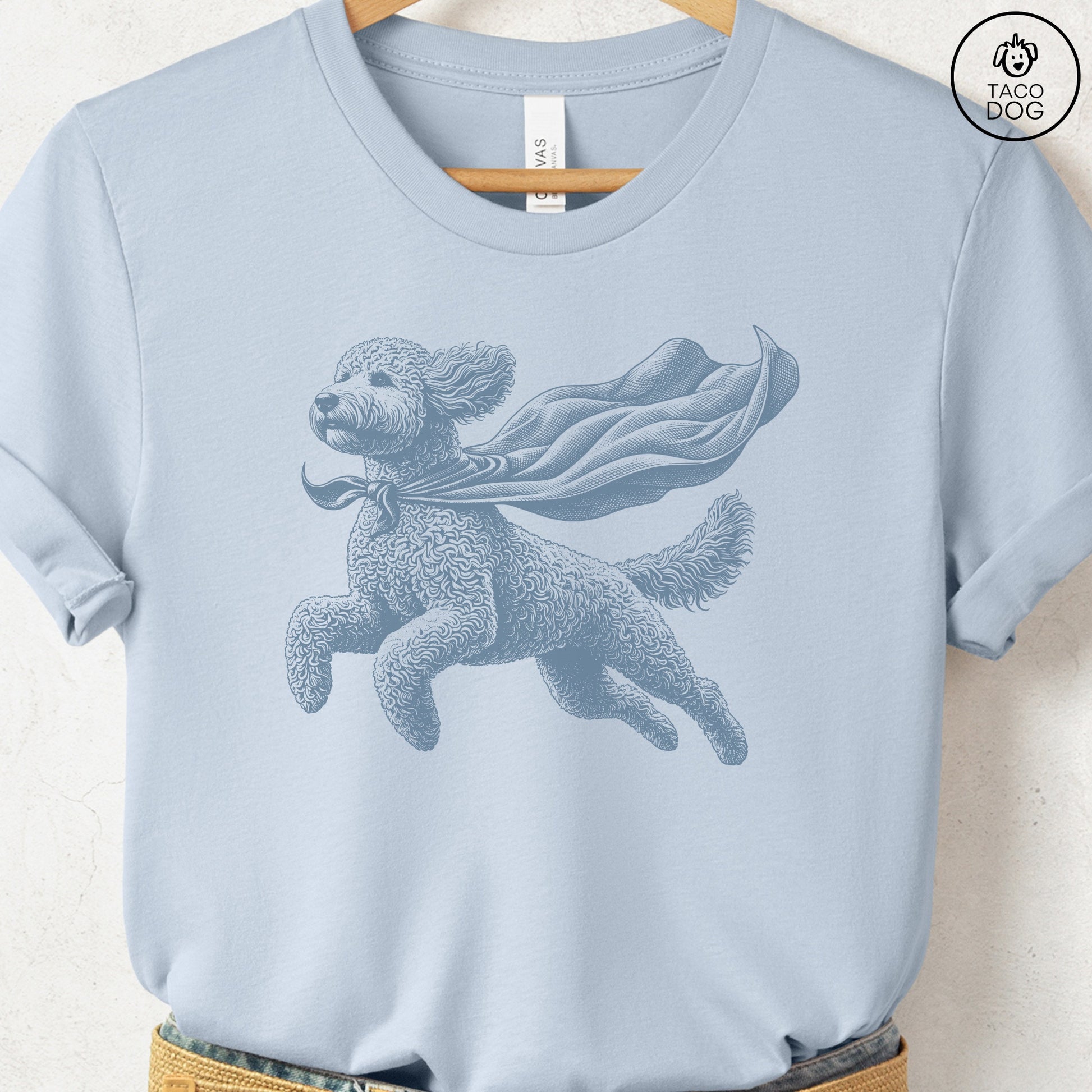 Doodle Flying Cape T-Shirt Light Blue Taco-Dog