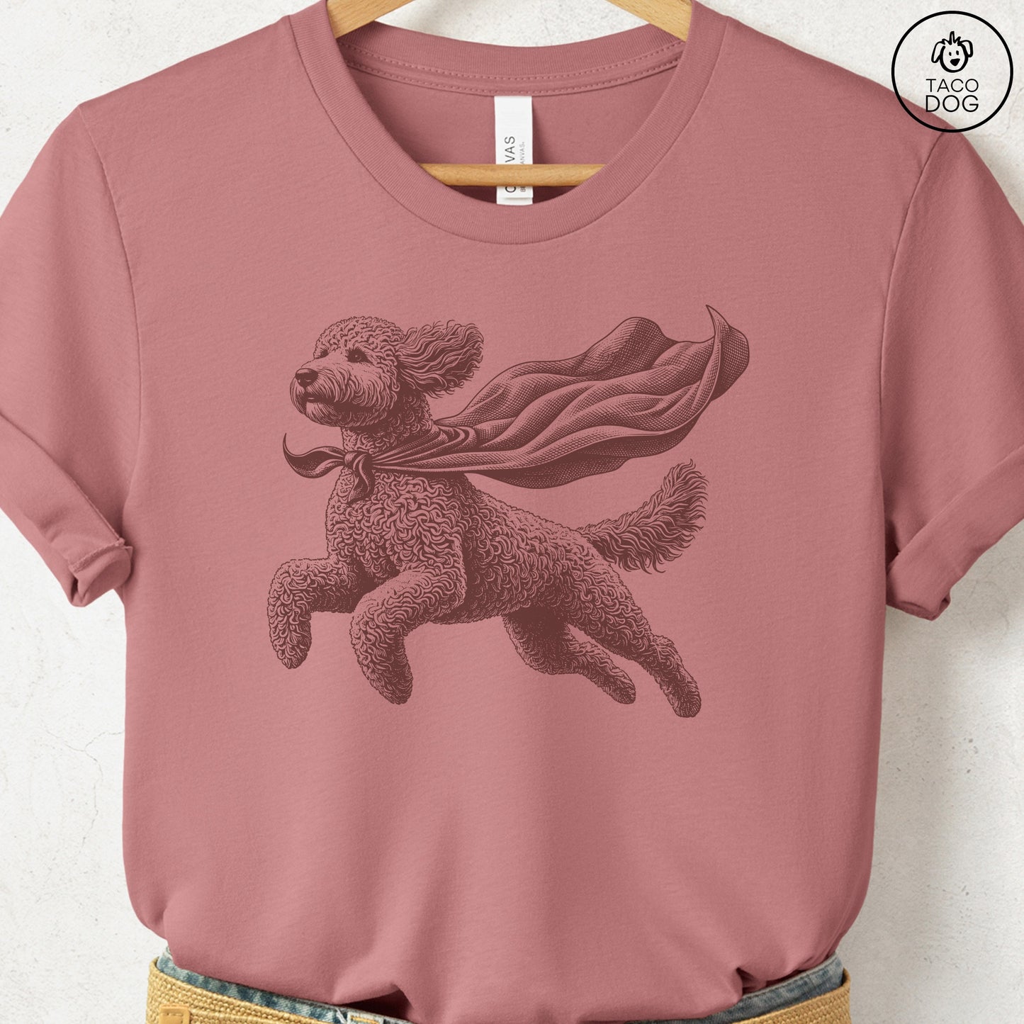 Doodle Flying Cape T-Shirt Heather Mauve Taco-Dog