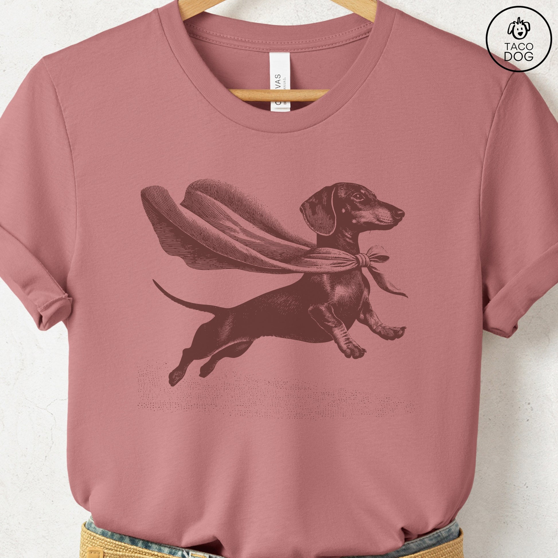 Dachshund Weenie Flying Cape T-Shirt Heather Mauve Taco-Dog