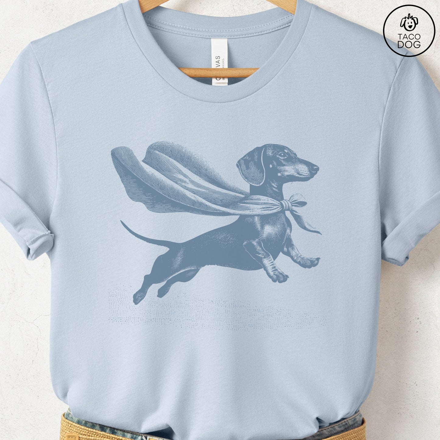 Dachshund Weenie Flying Cape T-Shirt Light Blue Taco-Dog