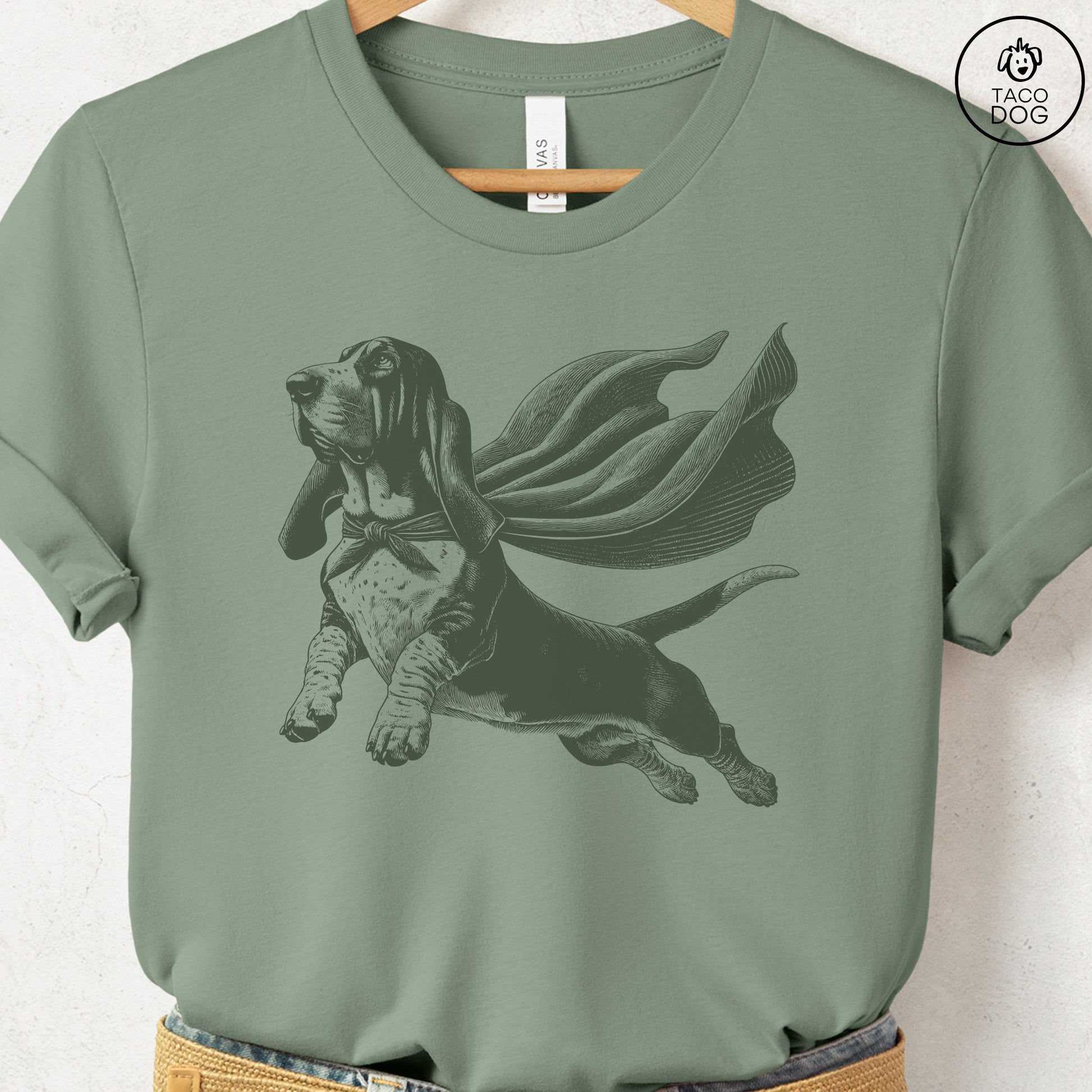Basset Hound Flying Cape T-Shirt Sage Taco-Dog