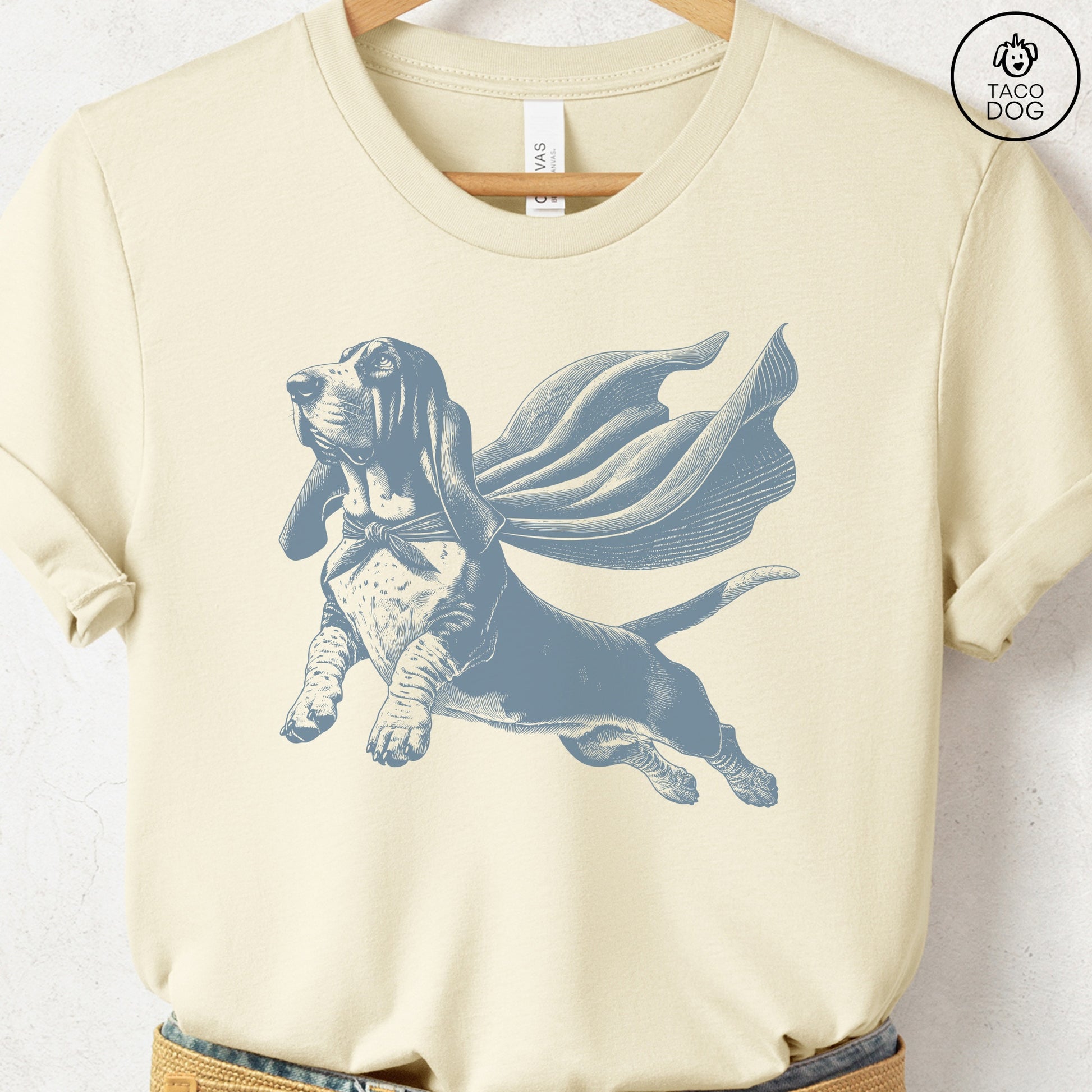 Basset Hound Flying Cape T-Shirt Natural Taco-Dog