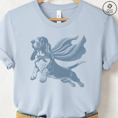 Basset Hound Flying Cape T-Shirt Light Blue Taco-Dog