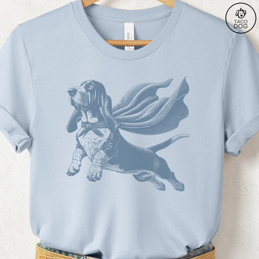 Basset Hound Flying Cape T-Shirt Light Blue