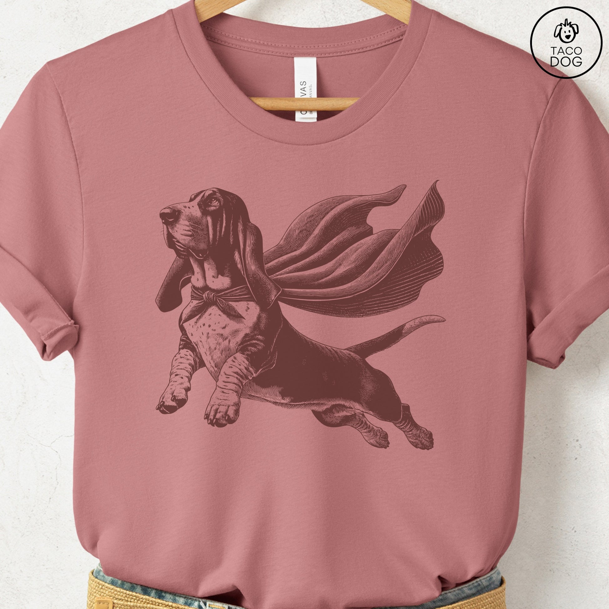 Basset Hound Flying Cape T-Shirt Heather Mauve Taco-Dog