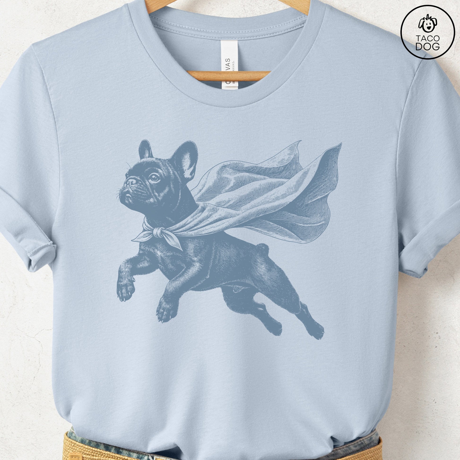 French Bulldog Frenchie Flying Cape T-Shirt Light Blue Taco-Dog
