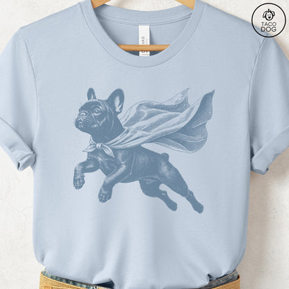 French Bulldog Frenchie Flying Cape T-Shirt Light Blue Taco-Dog
