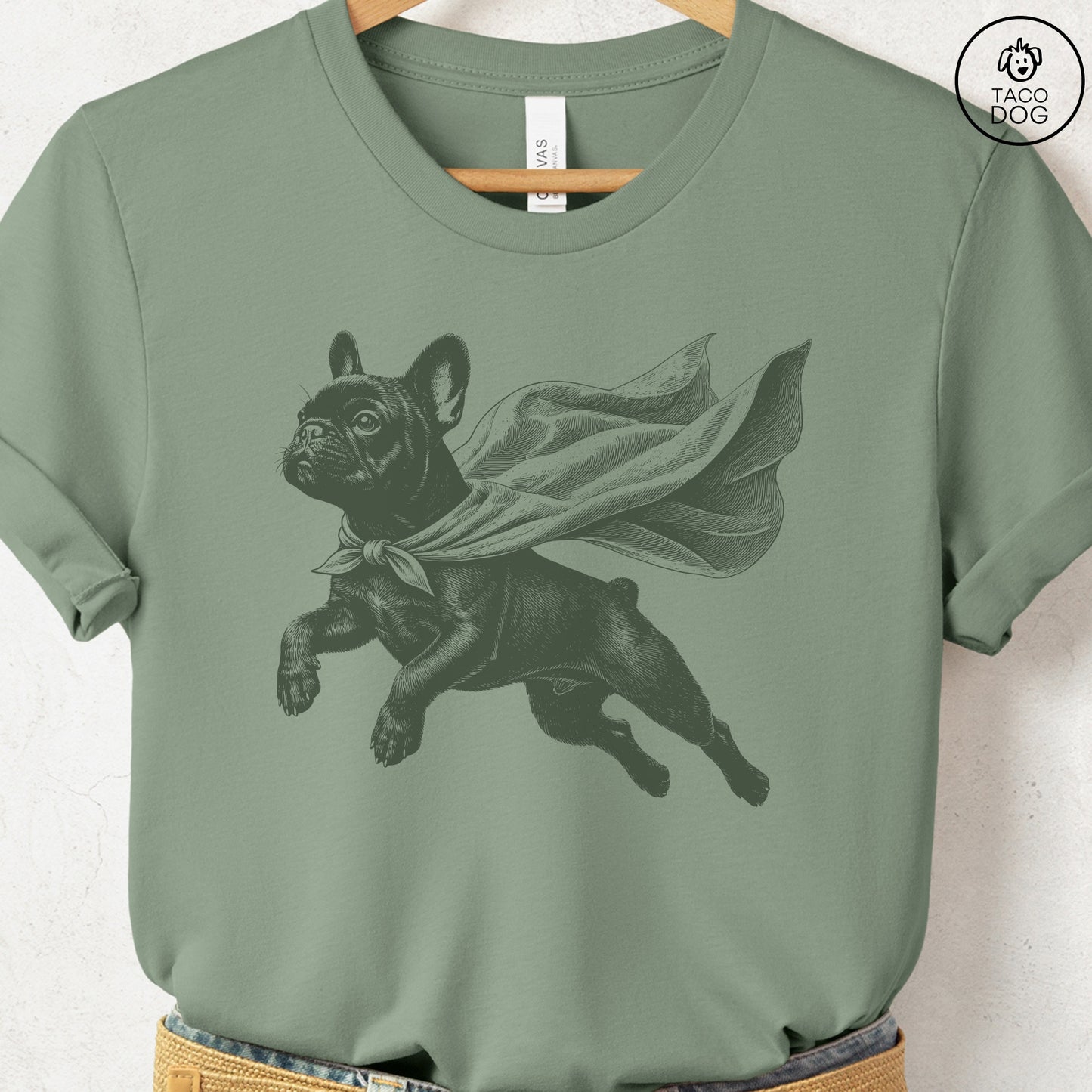 French Bulldog Frenchie Flying Cape T-Shirt Sage Taco-Dog