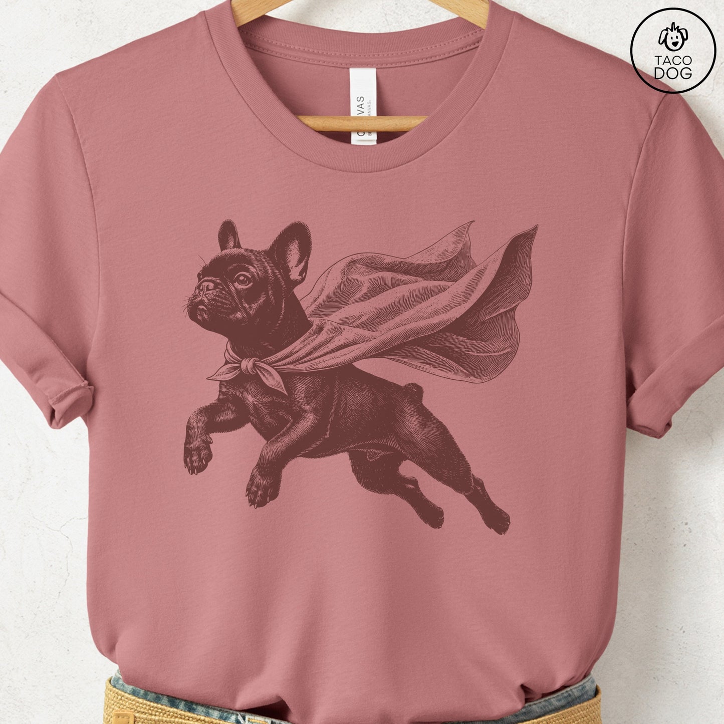 French Bulldog Frenchie Flying Cape T-Shirt Heather Mauve Taco-Dog