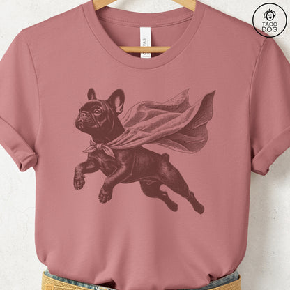 French Bulldog Frenchie Flying Cape T-Shirt Heather Mauve Taco-Dog