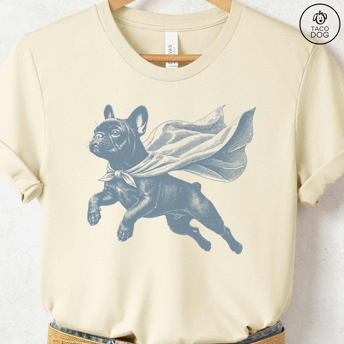 French Bulldog Frenchie Flying Cape T-Shirt Natural Taco-Dog
