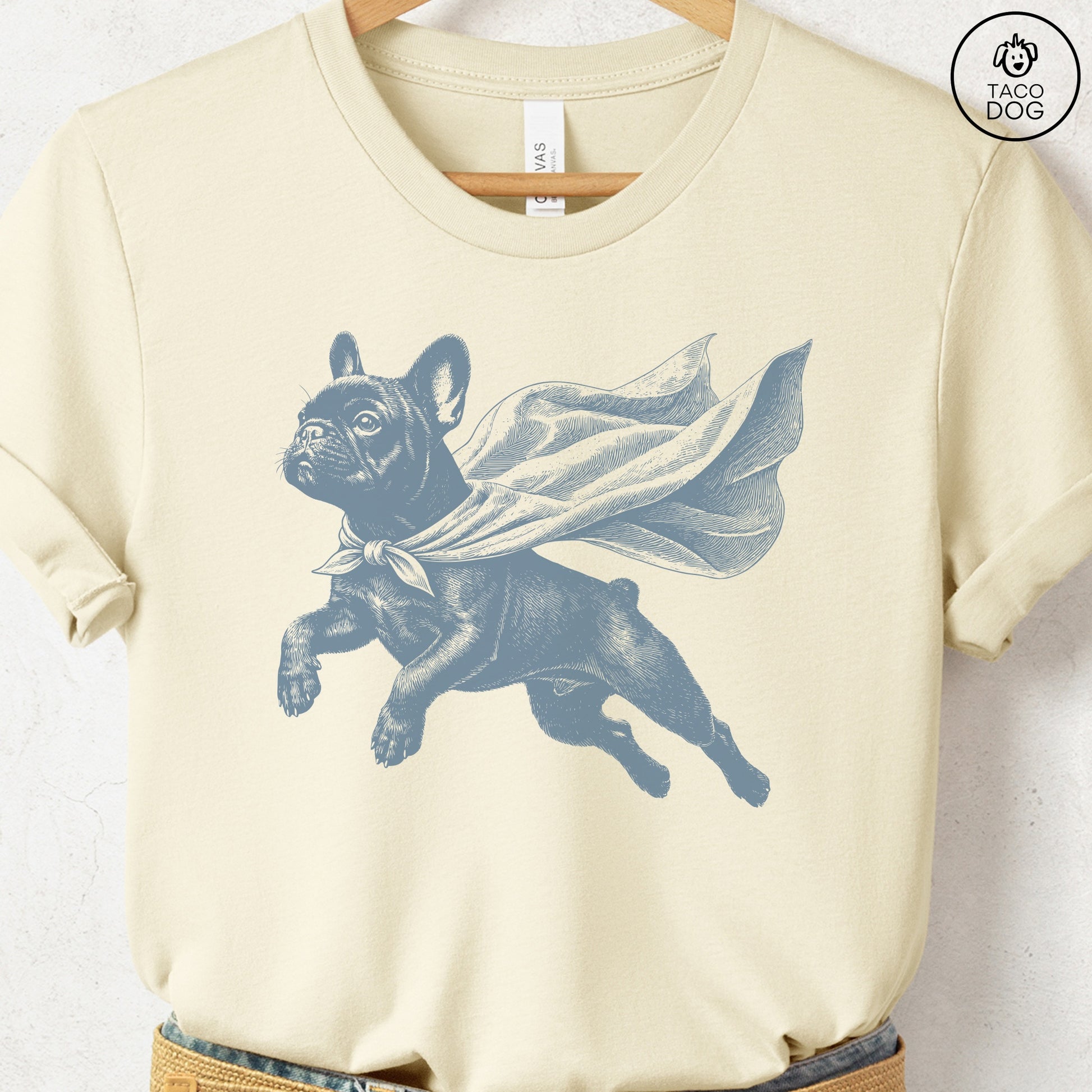 French Bulldog Frenchie Flying Cape T-Shirt Natural Taco-Dog