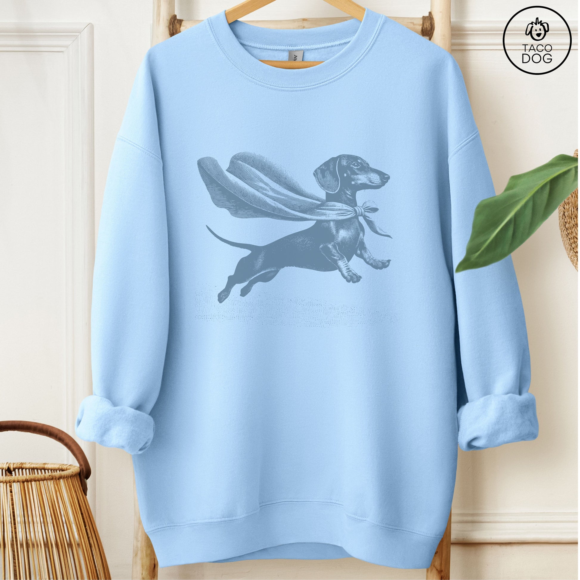 Dachshund Weenie Flying Cape Sweatshirt Light Blue
