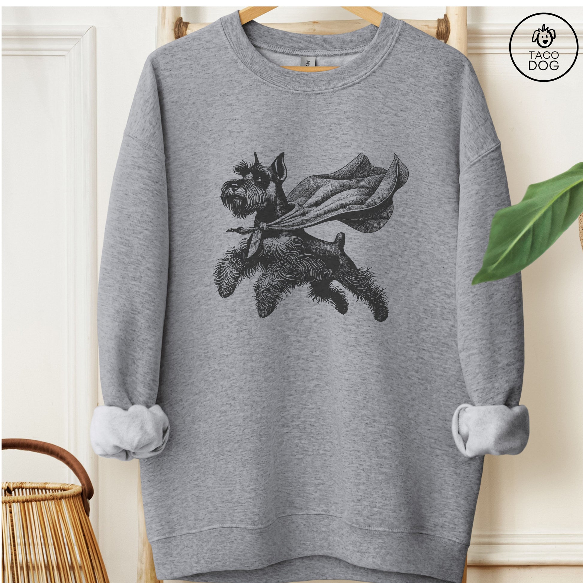 Schnauzer Flying Cape Sweatshirt Graphite Heather Taco-Dog