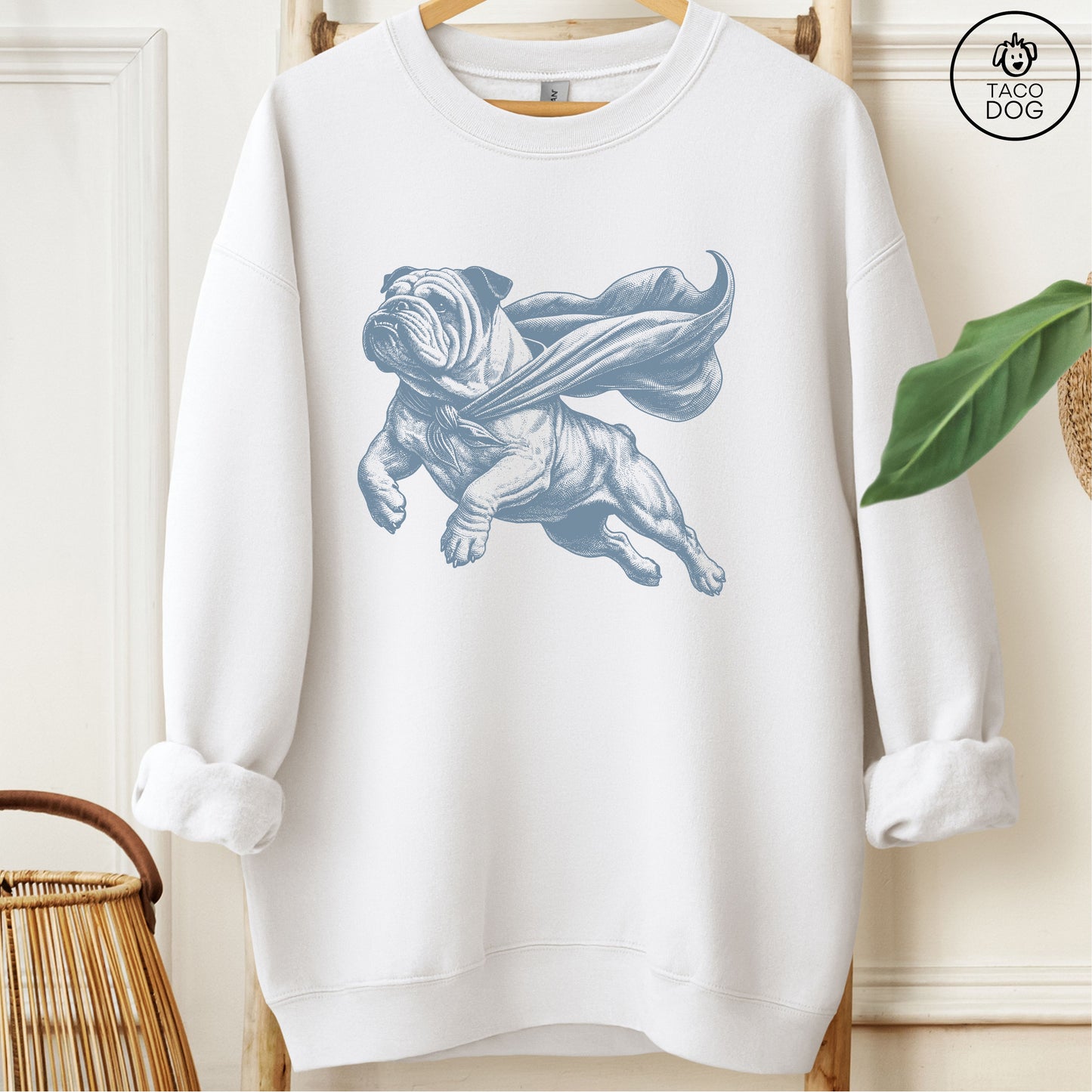 English Bulldog Flying Cape Sweatshirt White Taco-Dog
