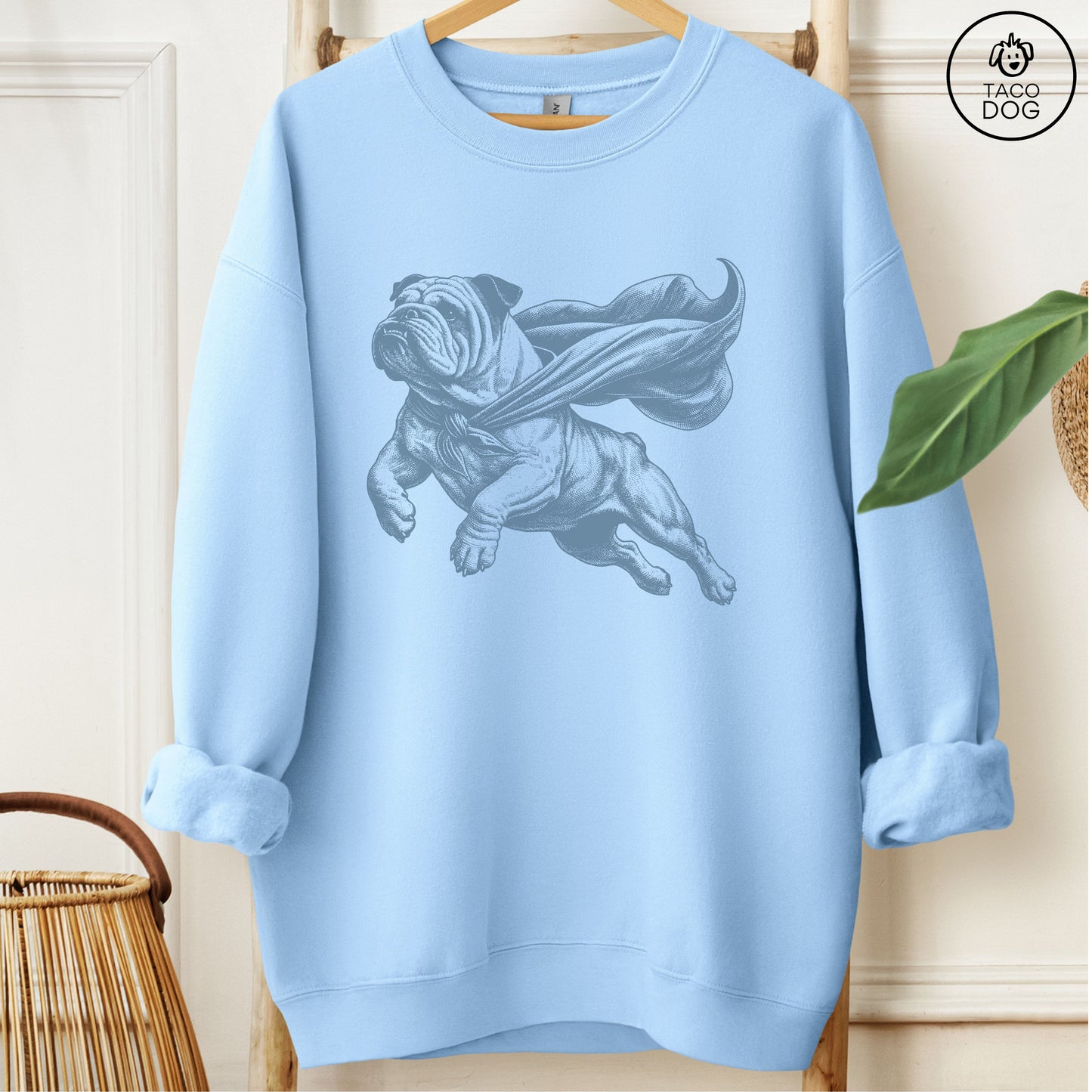 English Bulldog Flying Cape Sweatshirt Light Blue Taco-Dog