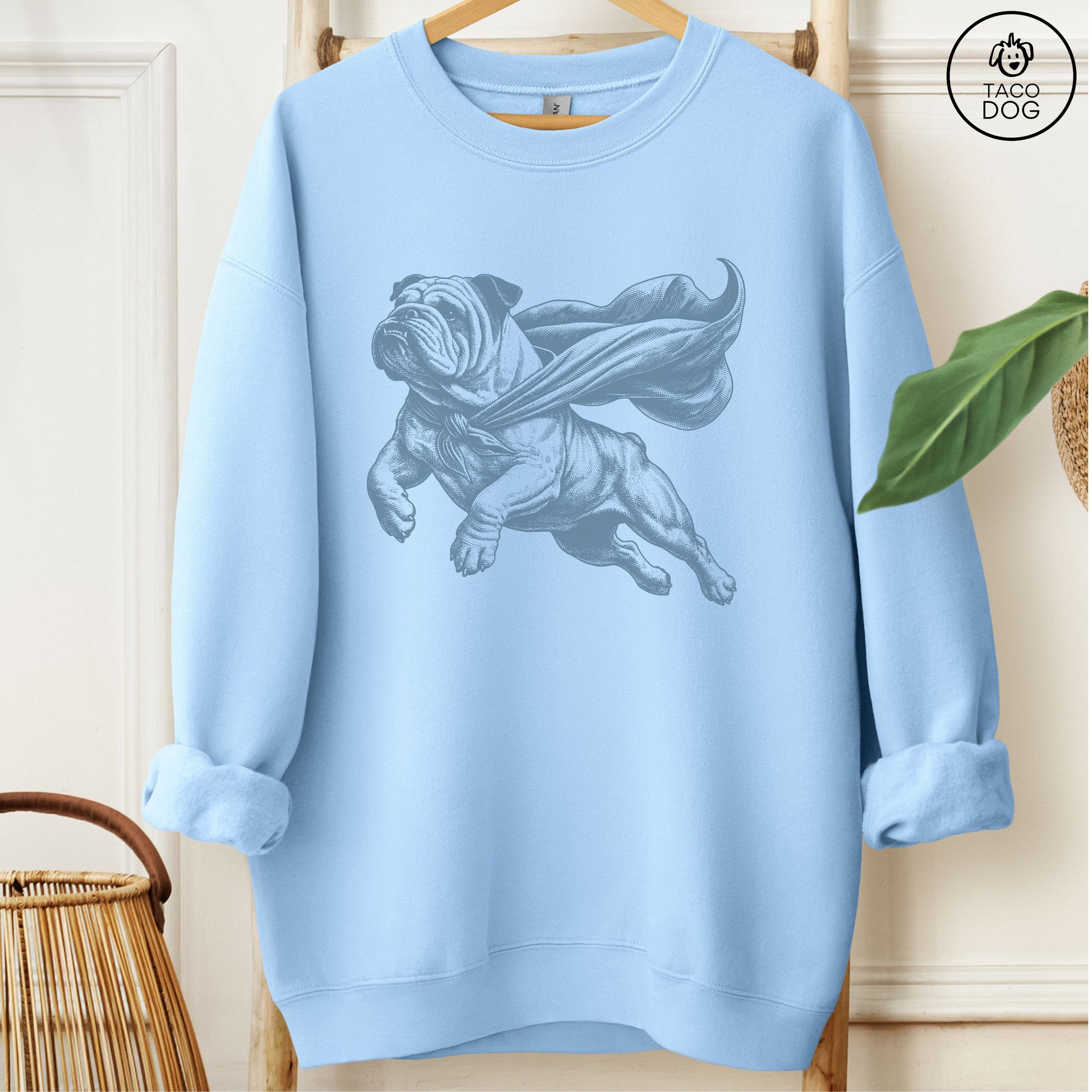 English Bulldog Flying Cape Sweatshirt Light Blue Taco-Dog