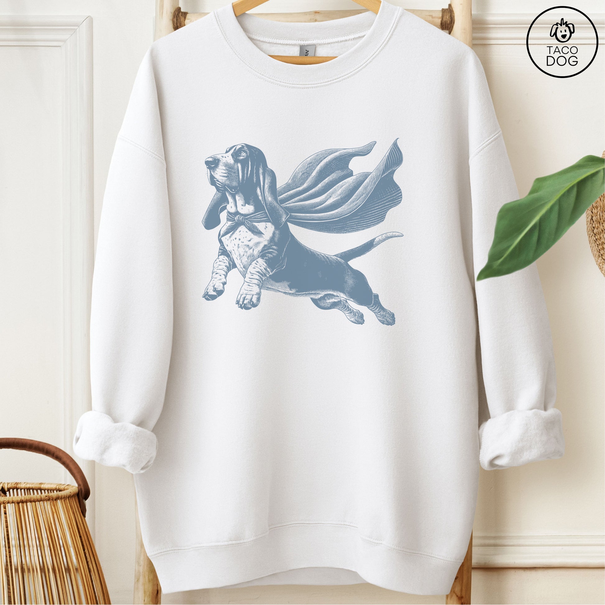 Basset Hound Flying Cape Sweatshirt White Taco-Dog