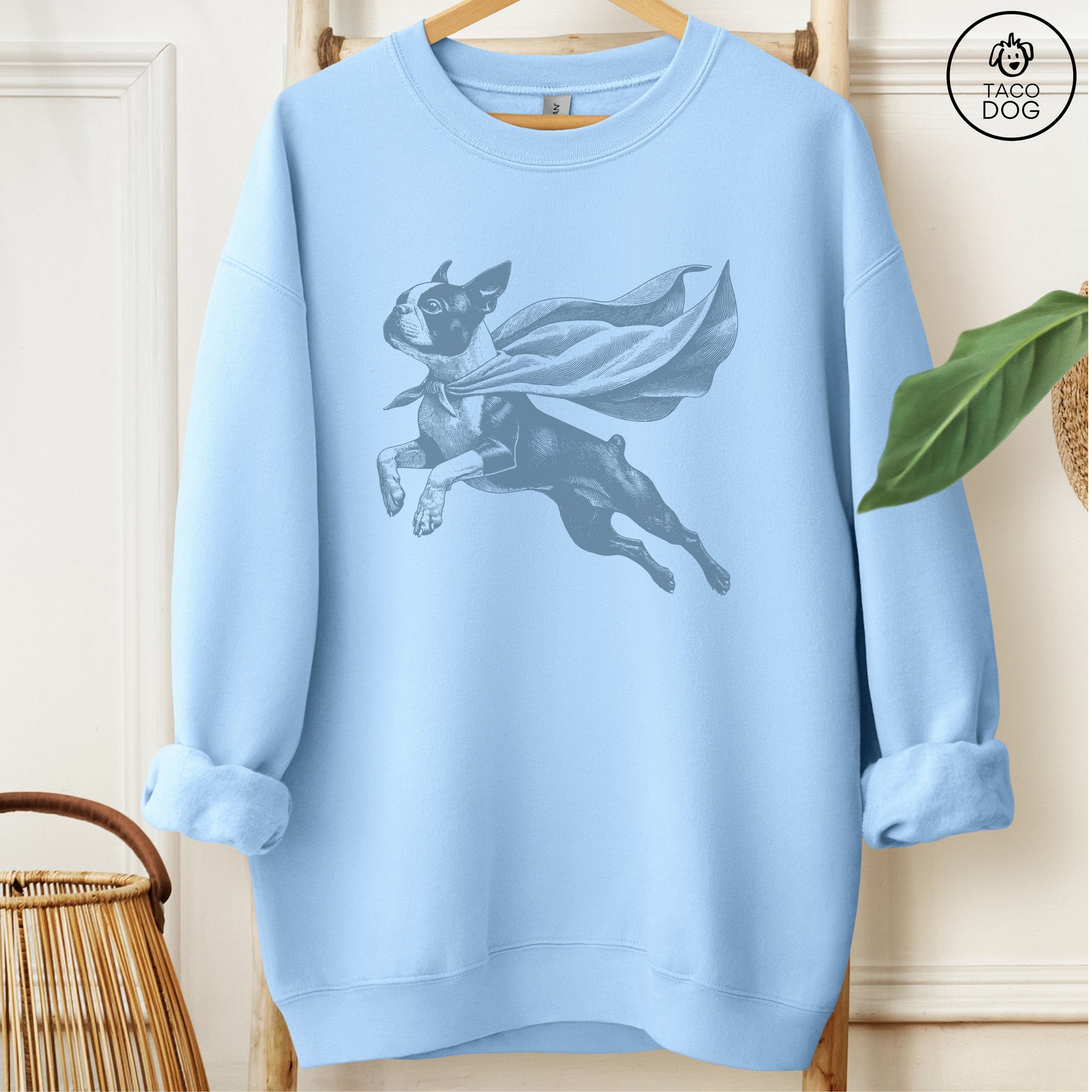 Boston Terrier Flying Cape Sweatshirt Light Blue