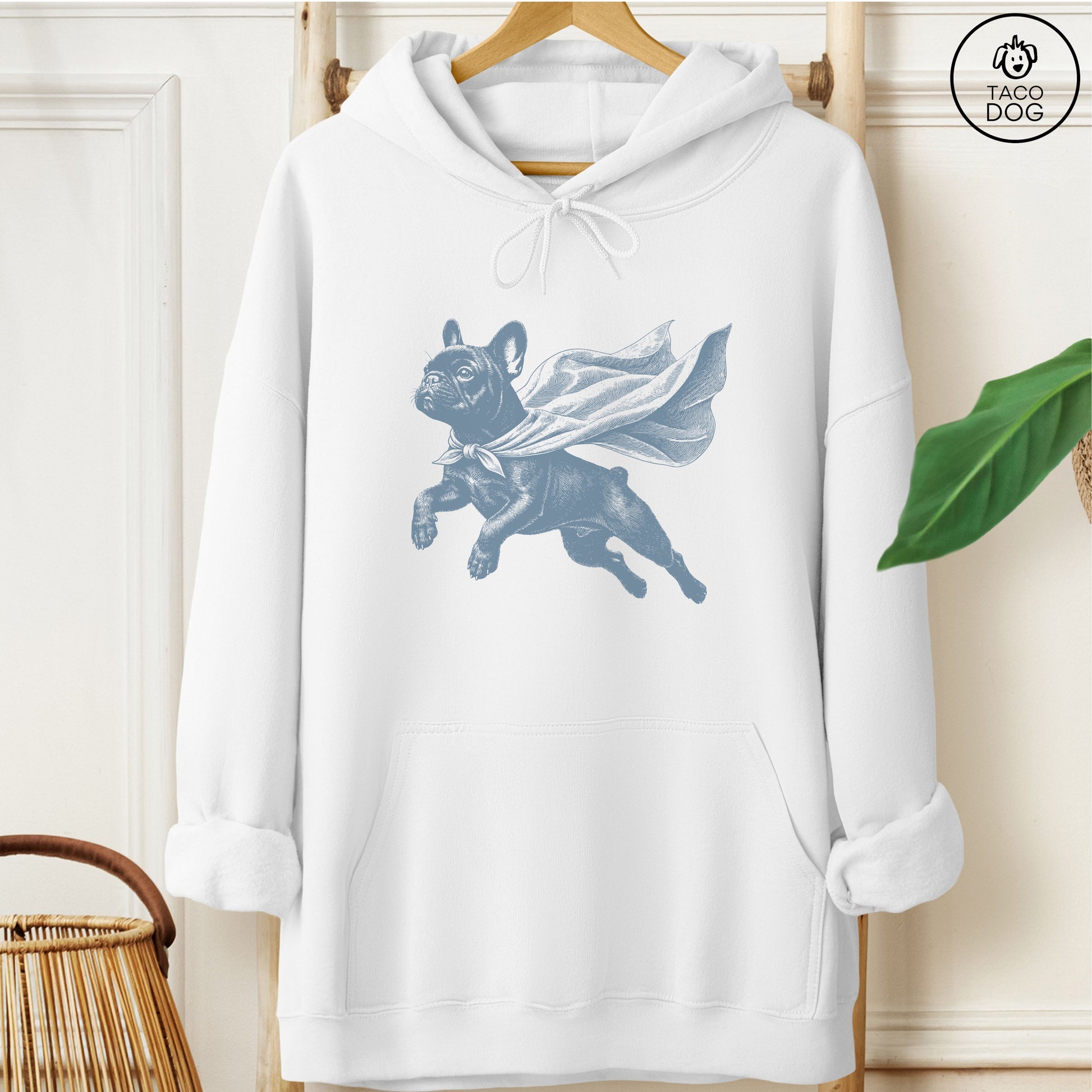 Frenchie French Bulldog Flying Cape Hoodie White Taco-Dog