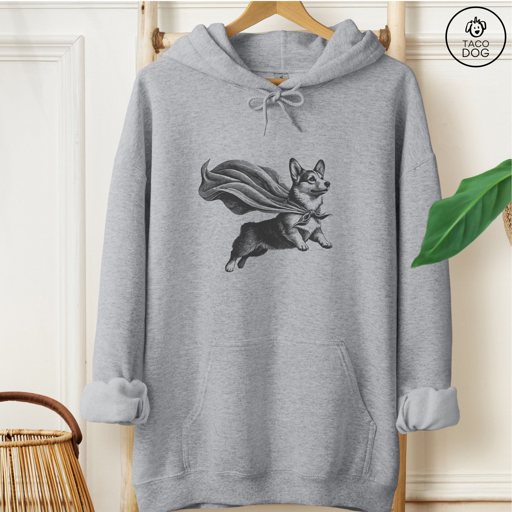 Corgi Flying Cape Hoodie Graphite Heather Taco-Dog