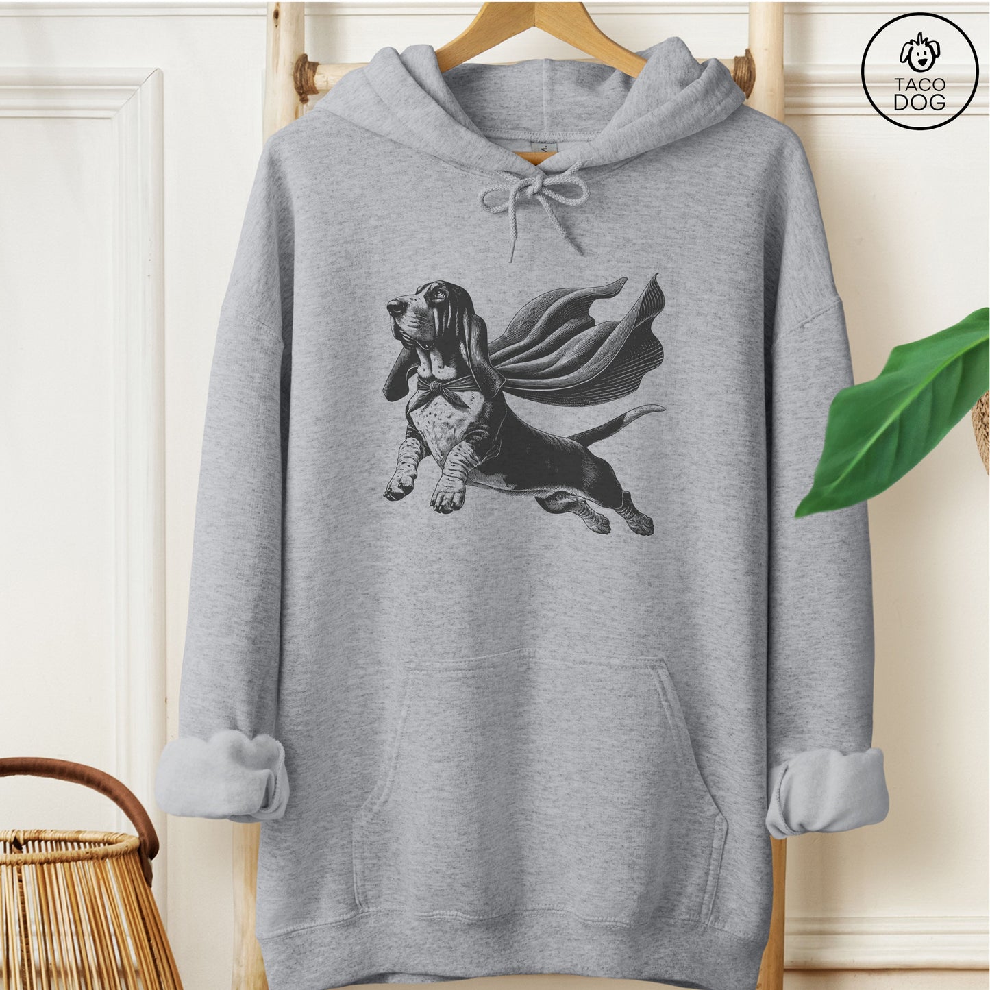 Basset Hound Flying Cape Hoodie Graphite Heather Taco-Dog