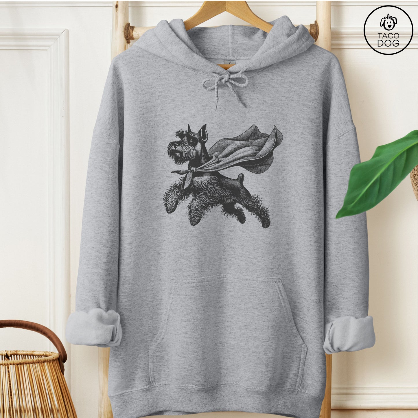 Schnauzer Flying Cape Hoodie Graphite Heather Taco-Dog