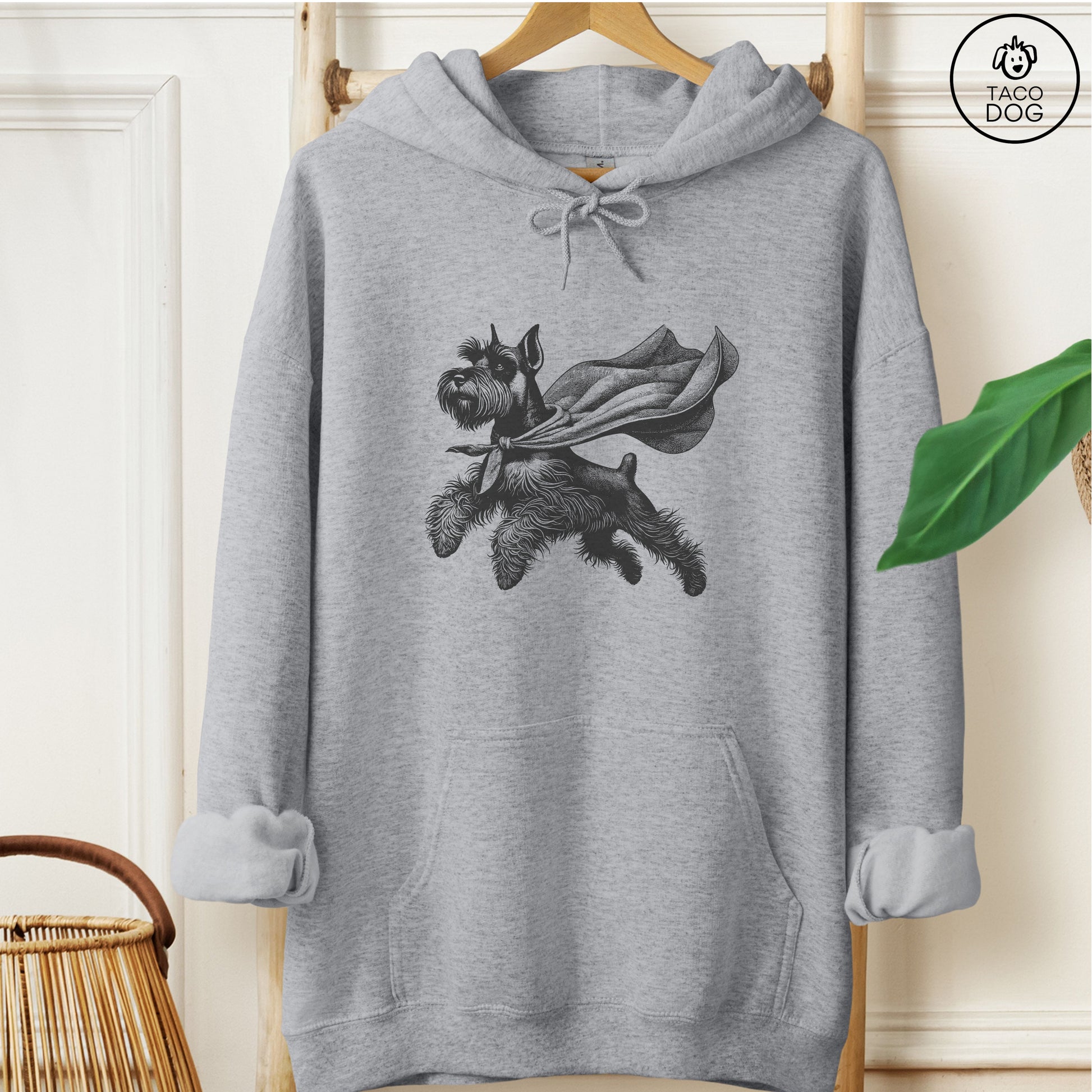 Schnauzer Flying Cape Hoodie Graphite Heather Taco-Dog