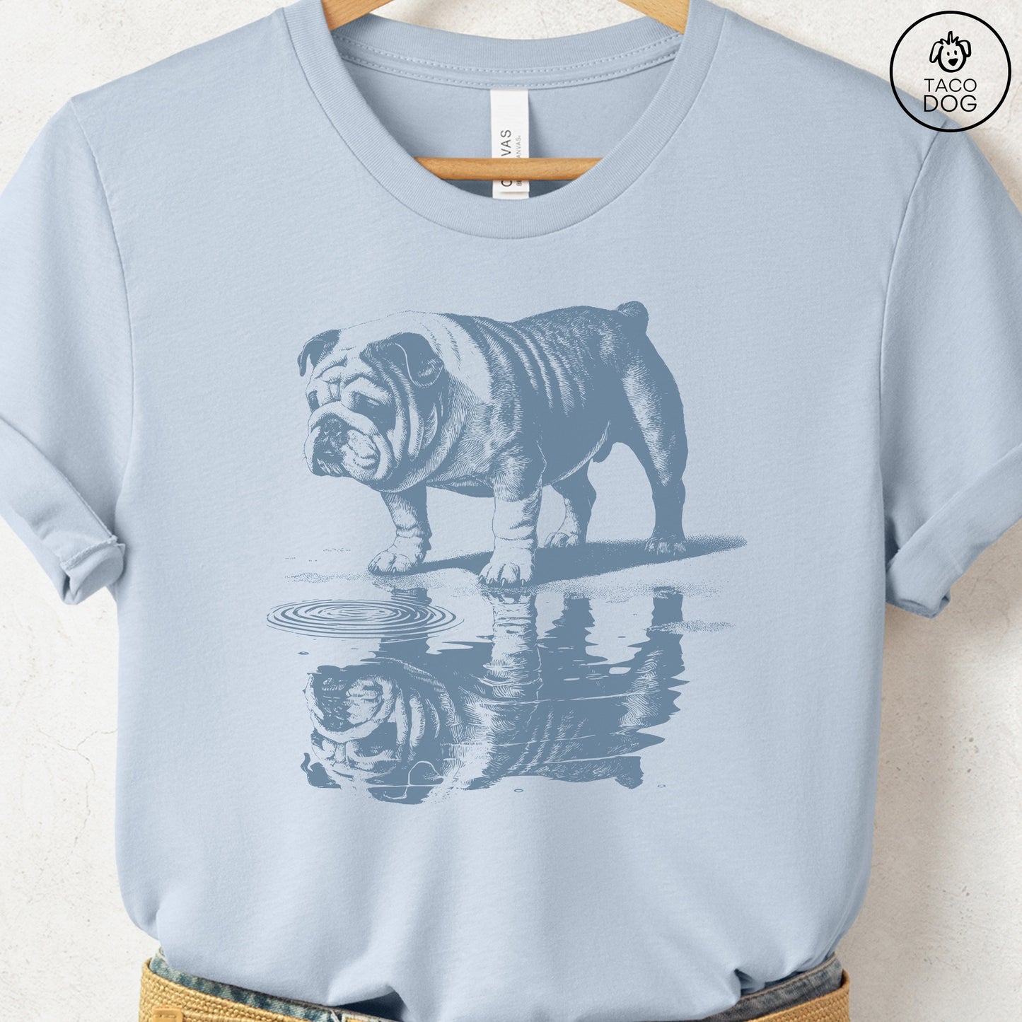 English Bulldog Puddle Reflection T-Shirt Light Blue Taco-Dog