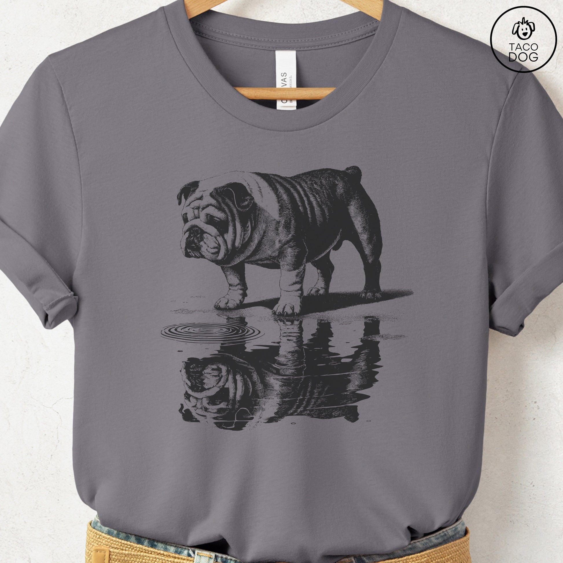 English Bulldog Puddle Reflection T-Shirt Storm Taco-Dog