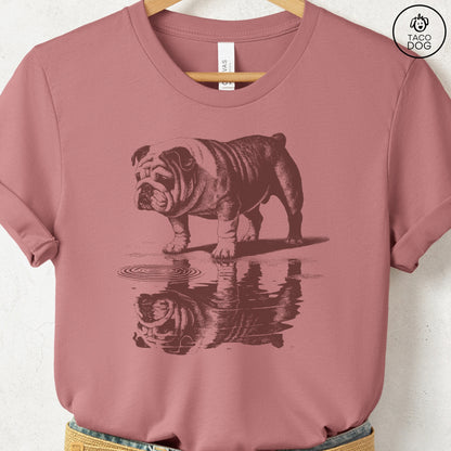 English Bulldog Puddle Reflection T-Shirt Heather Mauve Taco-Dog