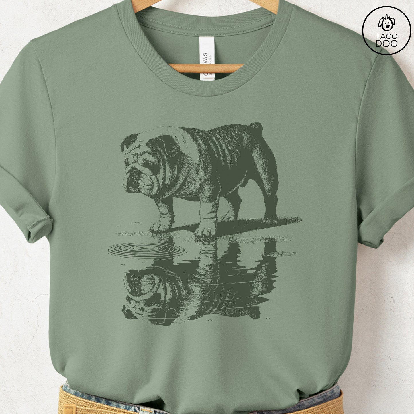 English Bulldog Puddle Reflection T-Shirt Sage Taco-Dog