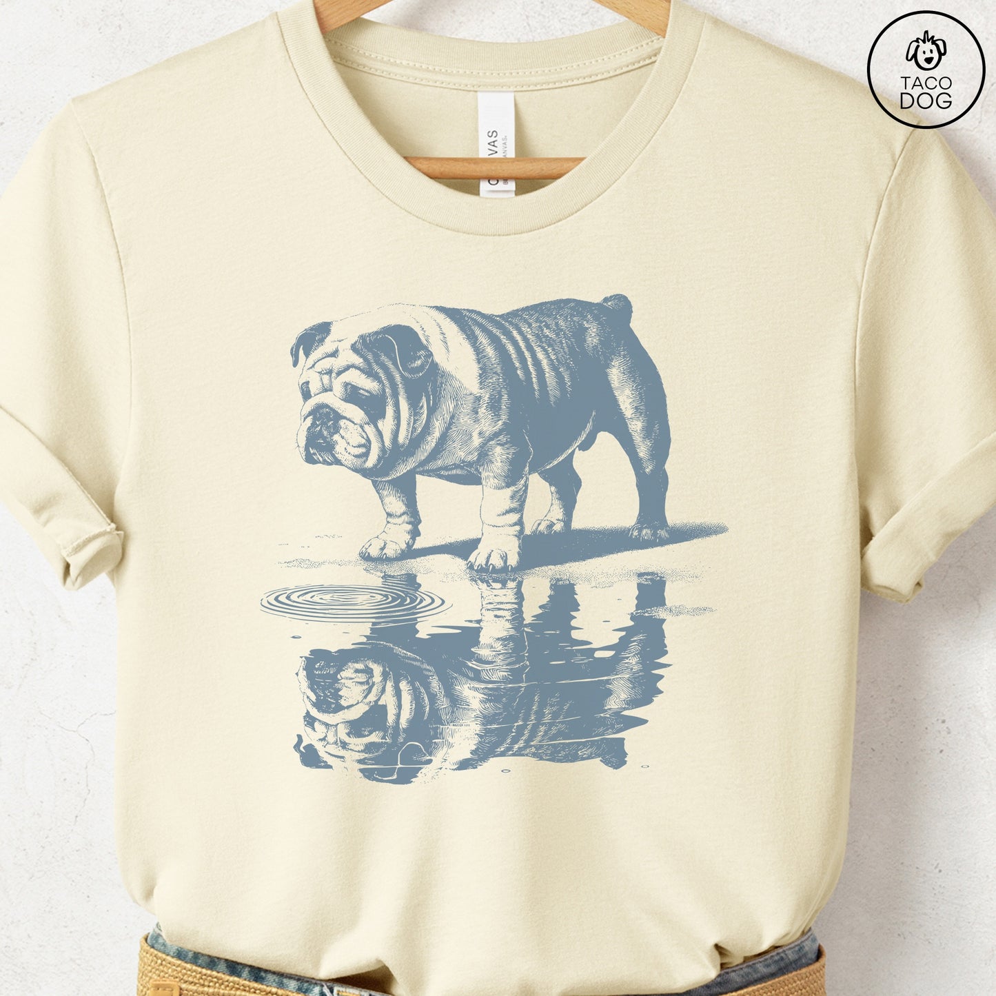English Bulldog Puddle Reflection T-Shirt Natural Taco-Dog