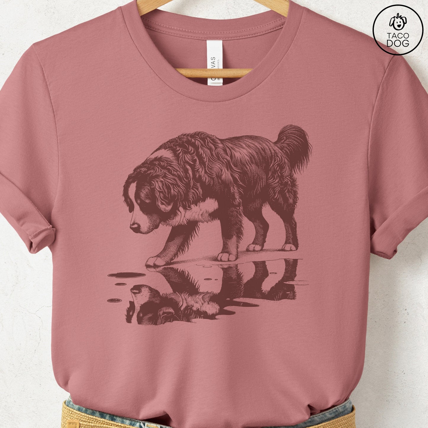 Bernese Mountain Dog Puddle Reflection T-Shirt Heather Mauve Taco-Dog