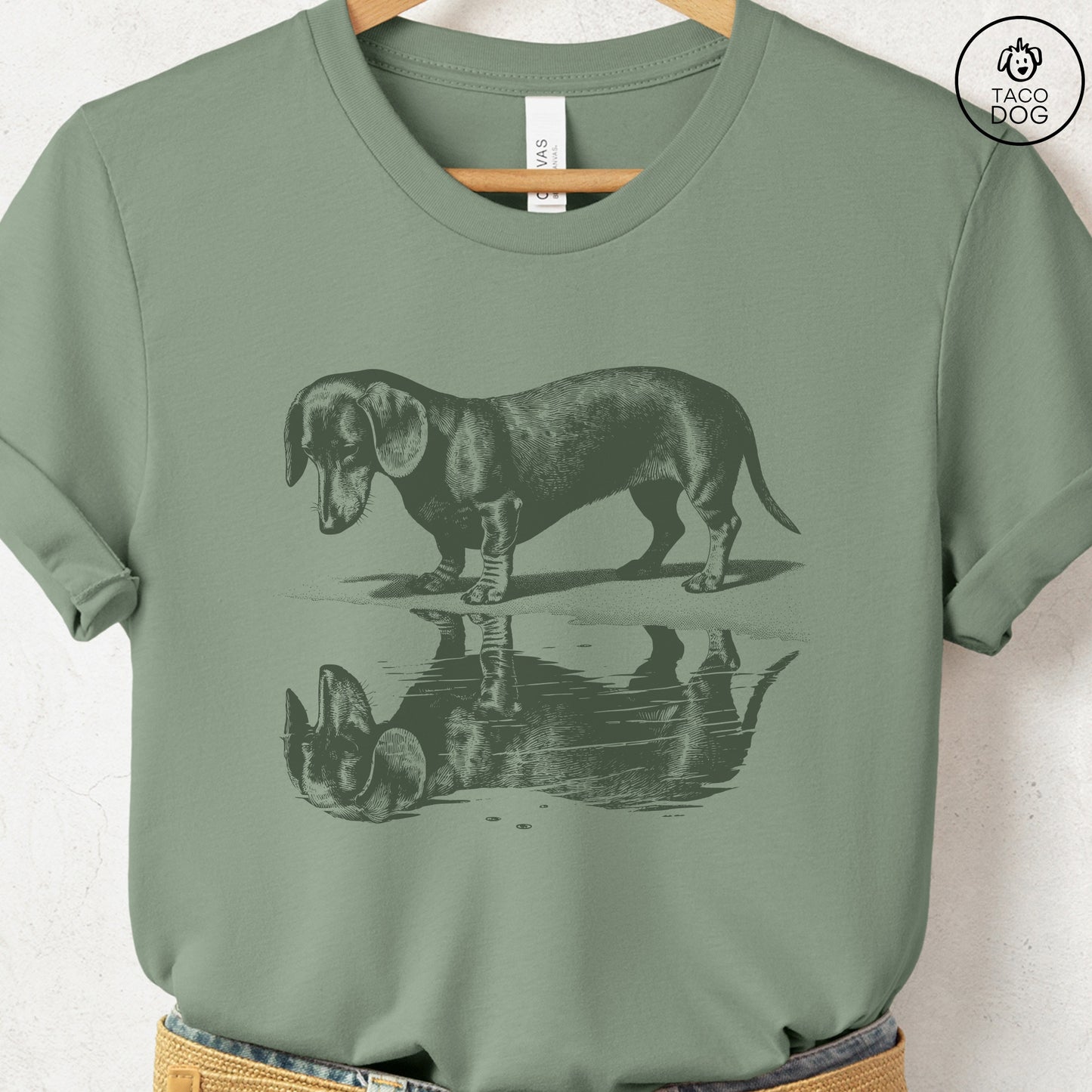 Dachshund Weenie Puddle Reflection T-Shirt Sage Taco-Dog