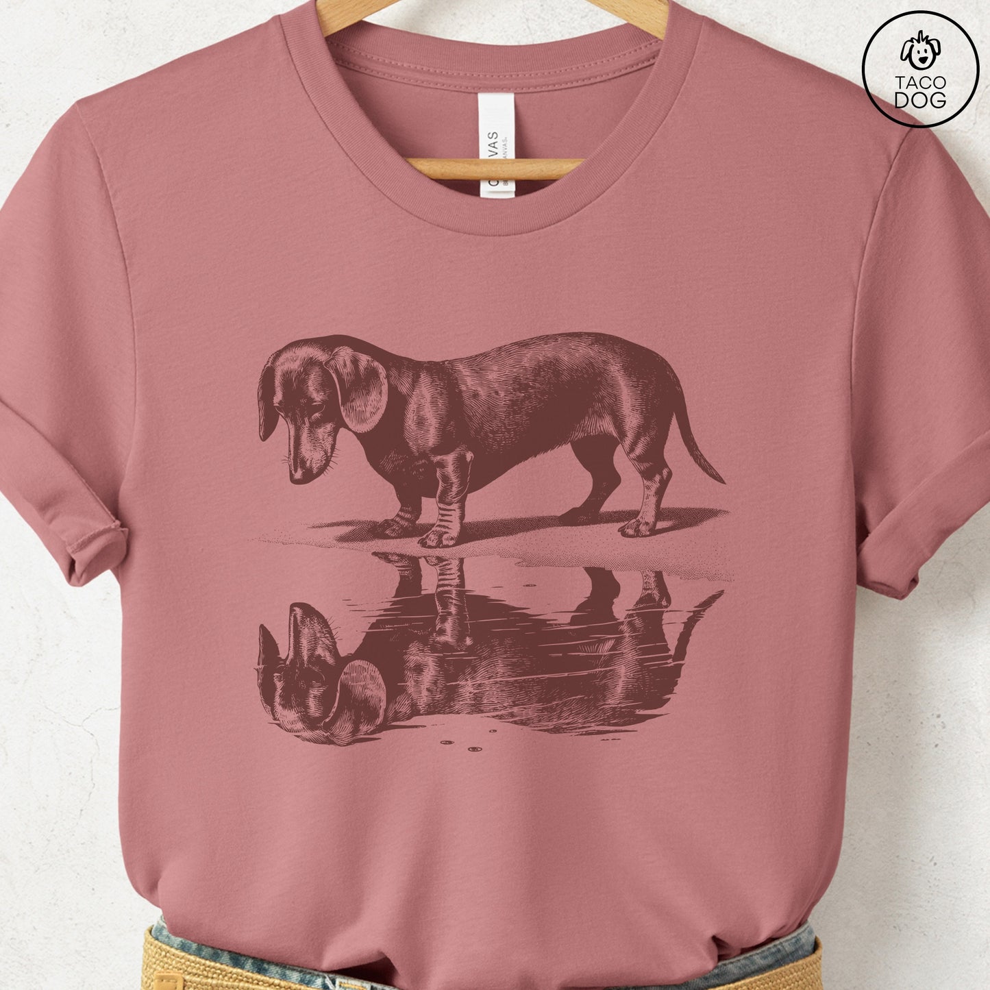 Dachshund Weenie Puddle Reflection T-Shirt Heather Mauve Taco-Dog