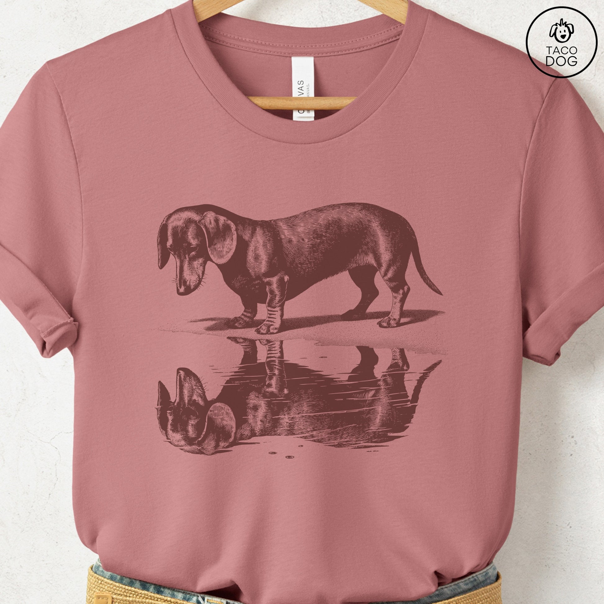 Dachshund Weenie Puddle Reflection T-Shirt Heather Mauve Taco-Dog