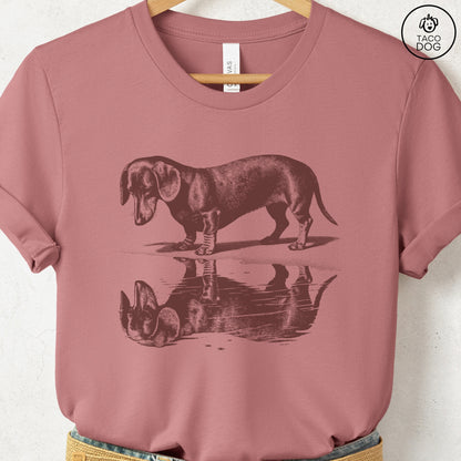 Dachshund Weenie Puddle Reflection T-Shirt Heather Mauve Taco-Dog