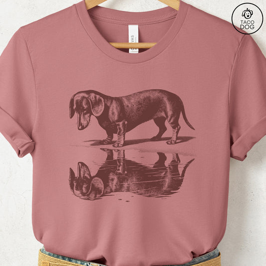 Dachshund Weenie Puddle Reflection T-Shirt Heather Mauve Taco-Dog