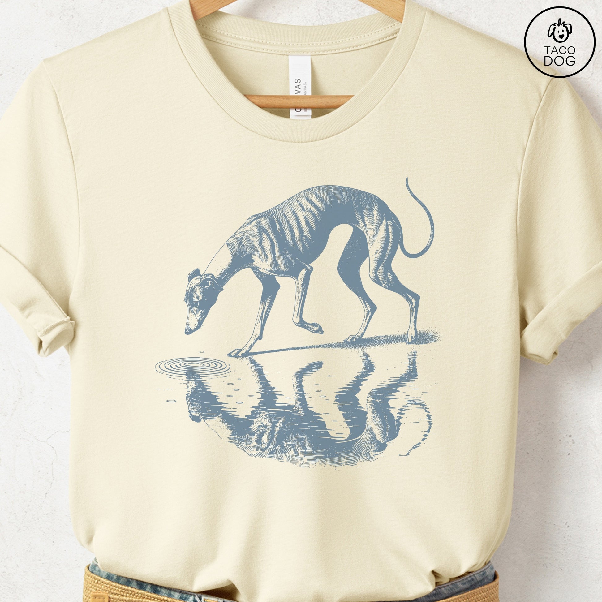 Italian Greyhound Whippet Iggy Puddle Reflection T-Shirt Natural Taco-Dog
