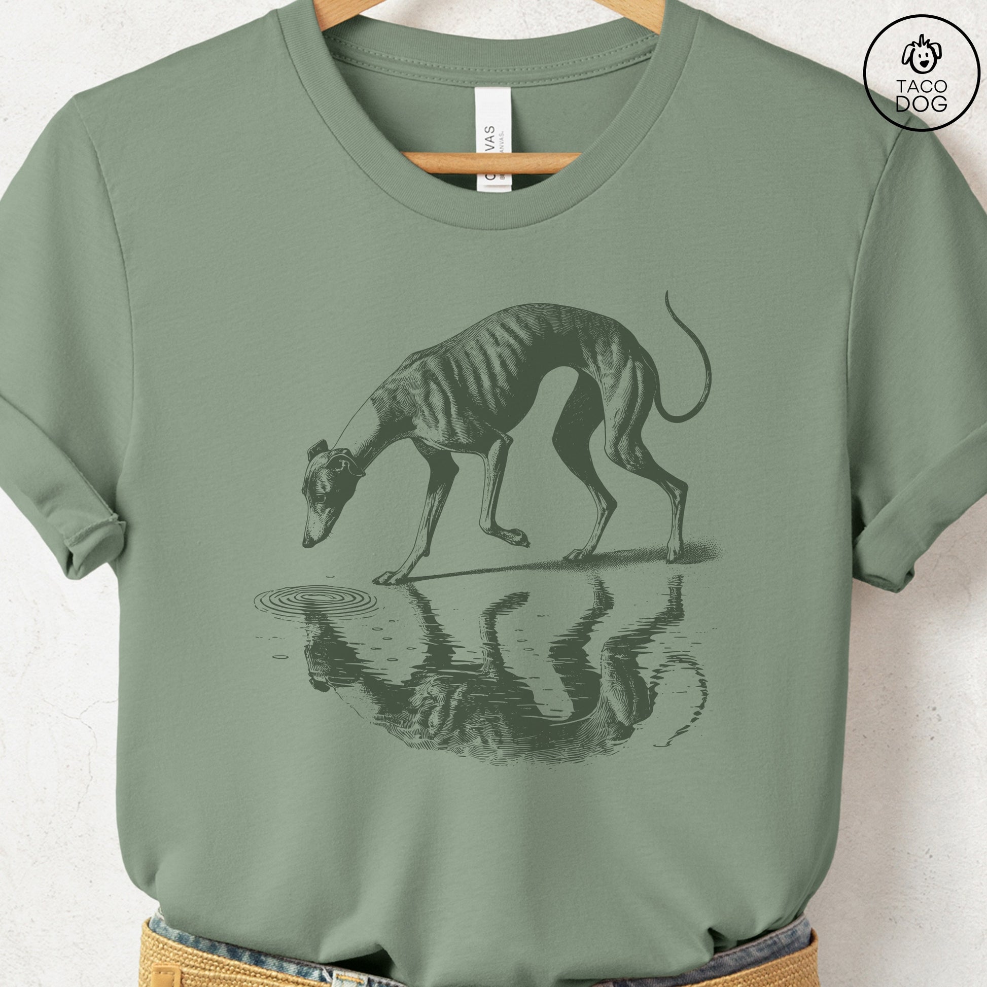 Italian Greyhound Whippet Iggy Puddle Reflection T-Shirt Sage Taco-Dog