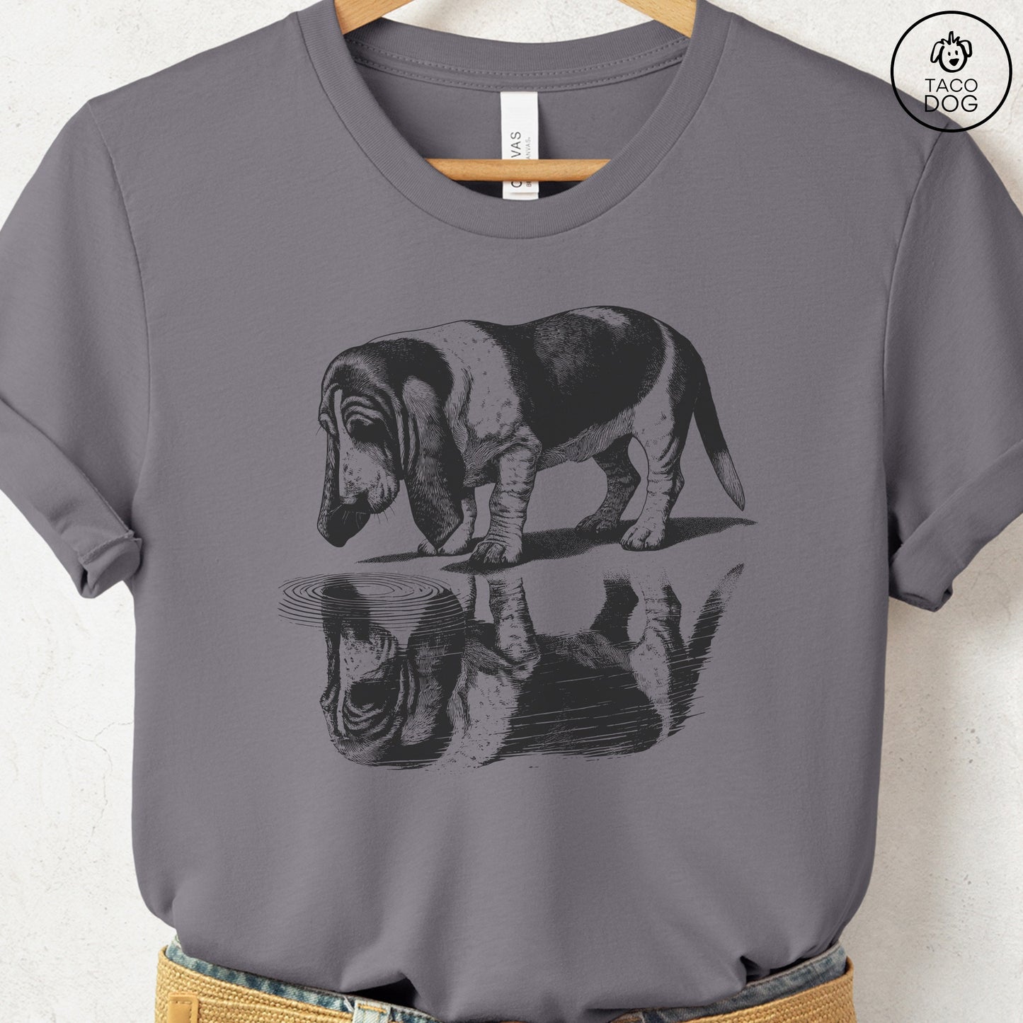 Basset Hound Puddle Reflection T-Shirt Storm Taco-Dog