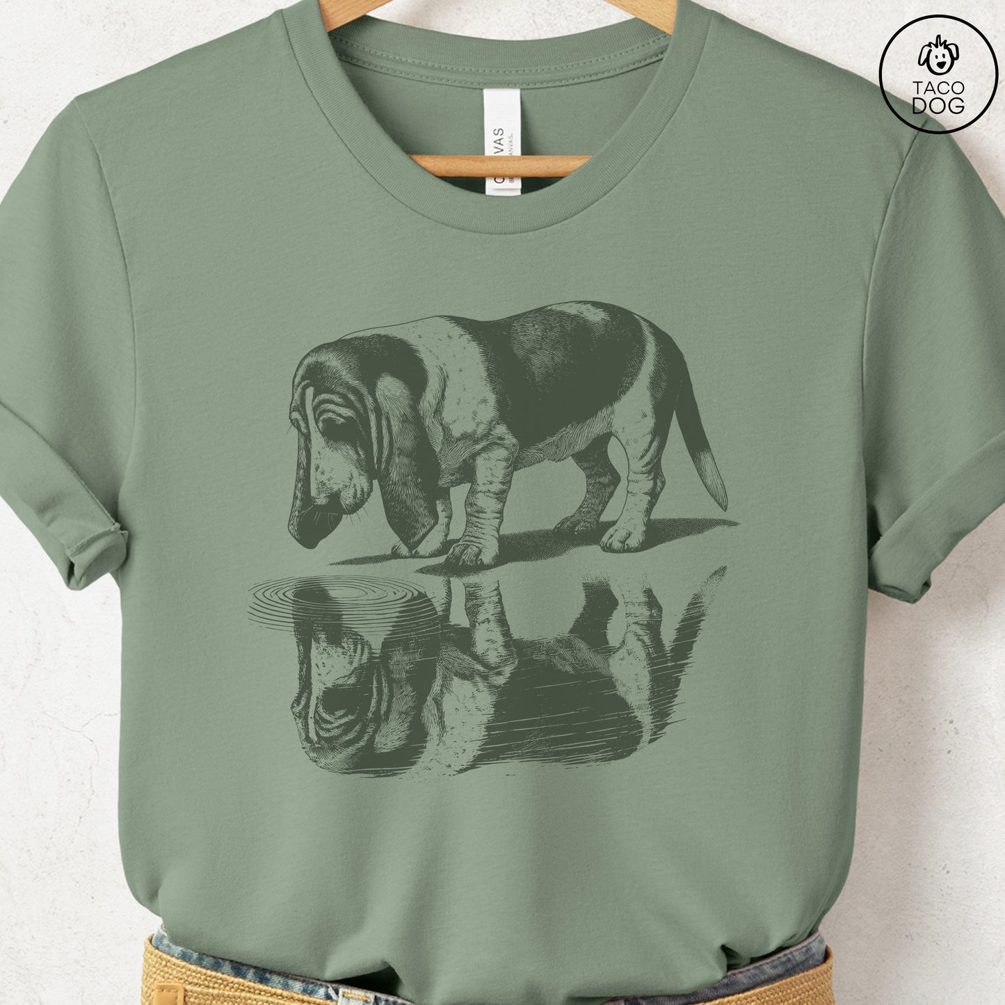 Basset Hound Puddle Reflection T-Shirt Sage Taco-Dog